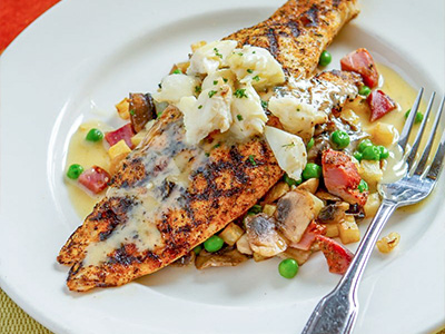 Grilled Redfish and Crabmeat with Lemon-Butter Sauce
