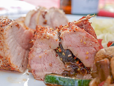 Blackened Stuff Pork Tenderloin, Dirty Rice and Chayote Slaw