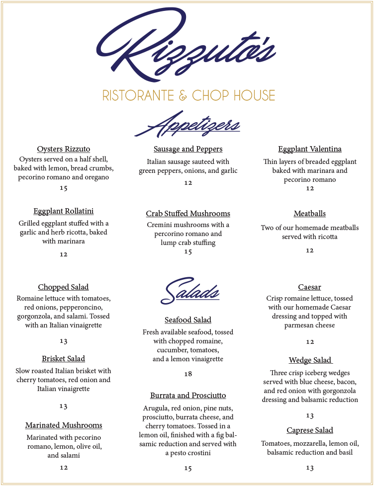 Rizzuto's Ristorante & Chop House Menu Page 1