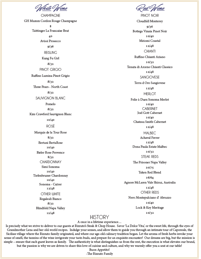 Rizzuto's Ristorante & Chop House Menu Page 4